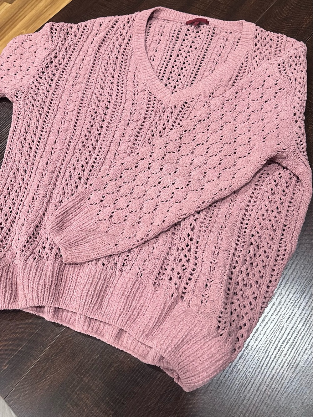 Velzera Openwork V-Neck Lace Knit Sweater - Pink